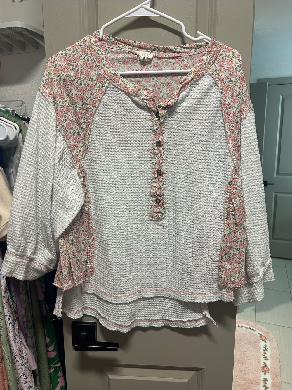 POL Waffle Knit Floral Trim 3/4 Sleeve Sweater